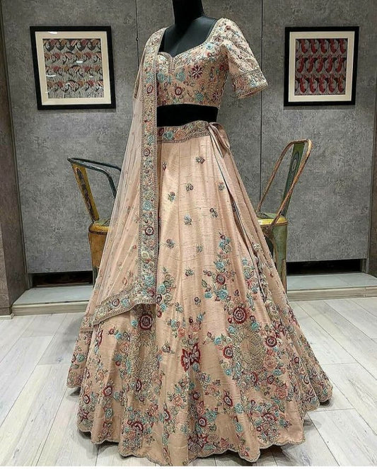 Sensational Peach Color Satin Embroidered Work Lehenga Choli For Women