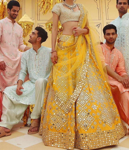 Yellow Color Designer Satin Embroidered Work Lehenga Choli For Women