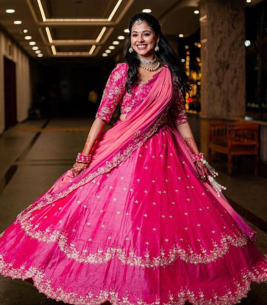 Glamorous Rani Pink Color Banglori Satin Sequence Work Lehenga Choli For Wedding Wear