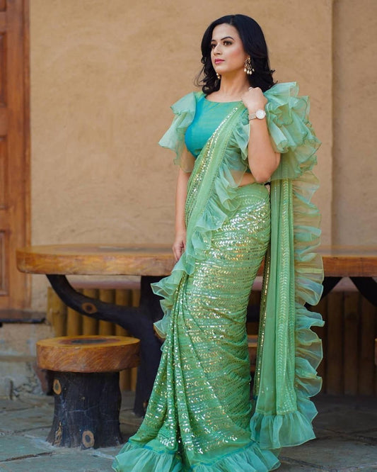 Stunning Sea Green Color Georgette Sequence Ruffle Work Wedding Wear Saree Blouse