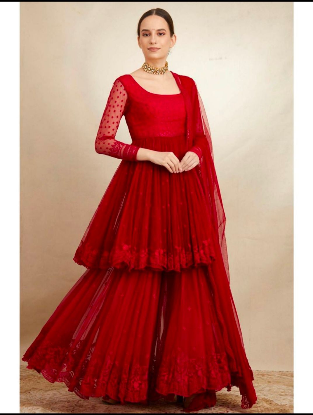 Elegant Red Color Georgette Embroidered Work Sharara Suit For Women