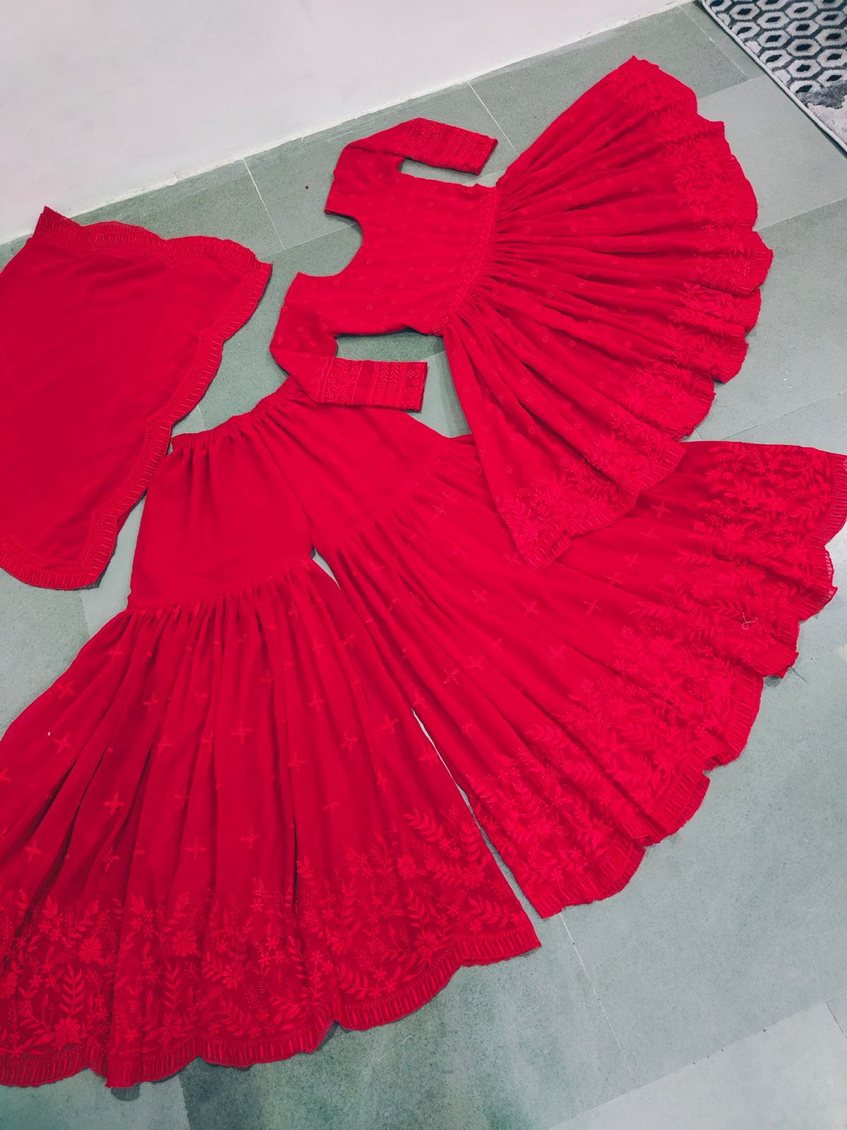 Elegant Red Color Georgette Embroidered Work Sharara Suit For Women