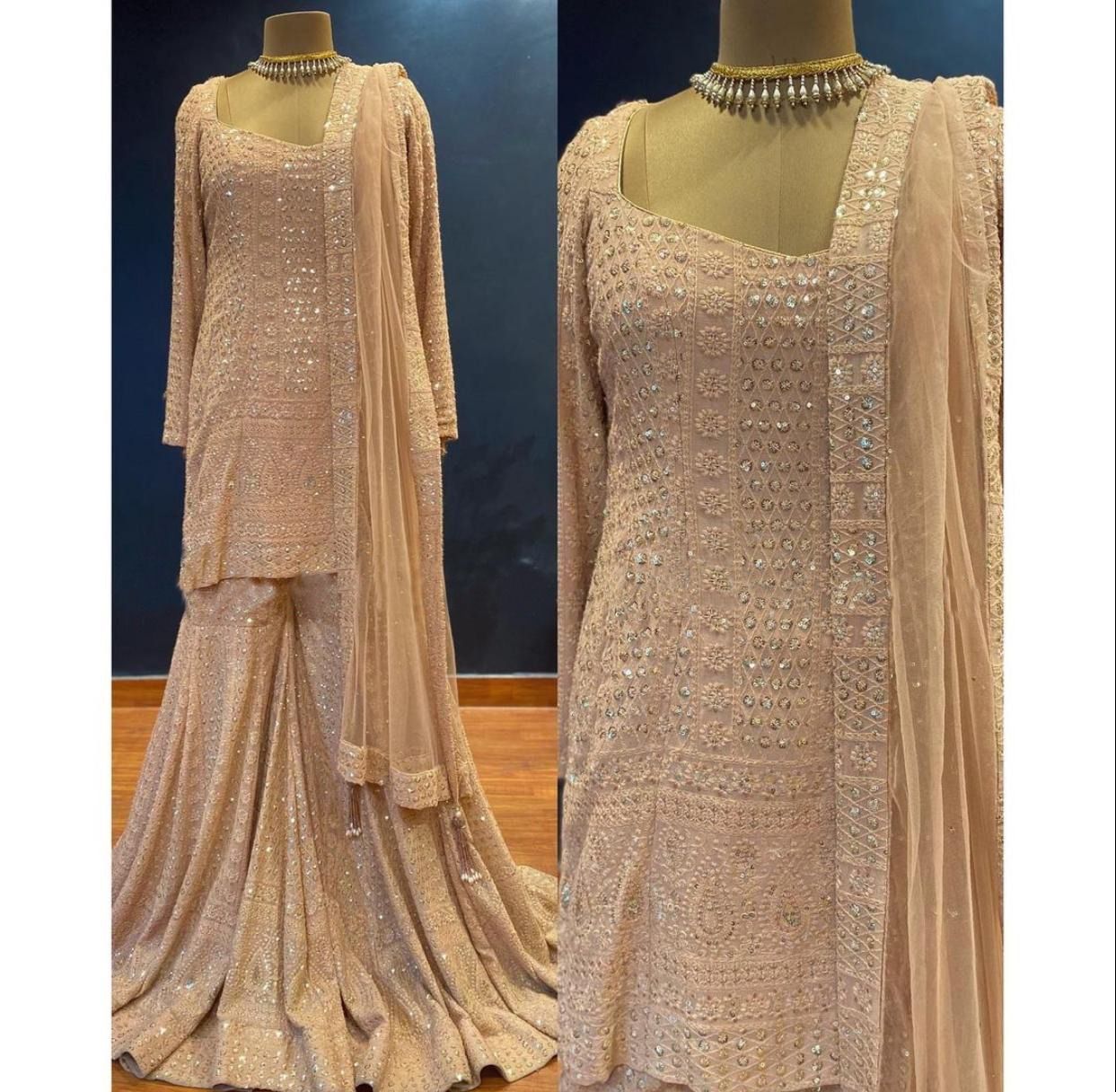 Sensational Peach Color Sequence Work Georgette Sharara Suit For Women