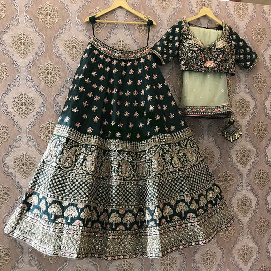 Admiring Green Color Wedding Wear Silk Designer Sequence Work Lehenga Choli