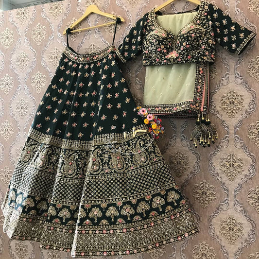 Admiring Green Color Wedding Wear Silk Designer Sequence Work Lehenga Choli