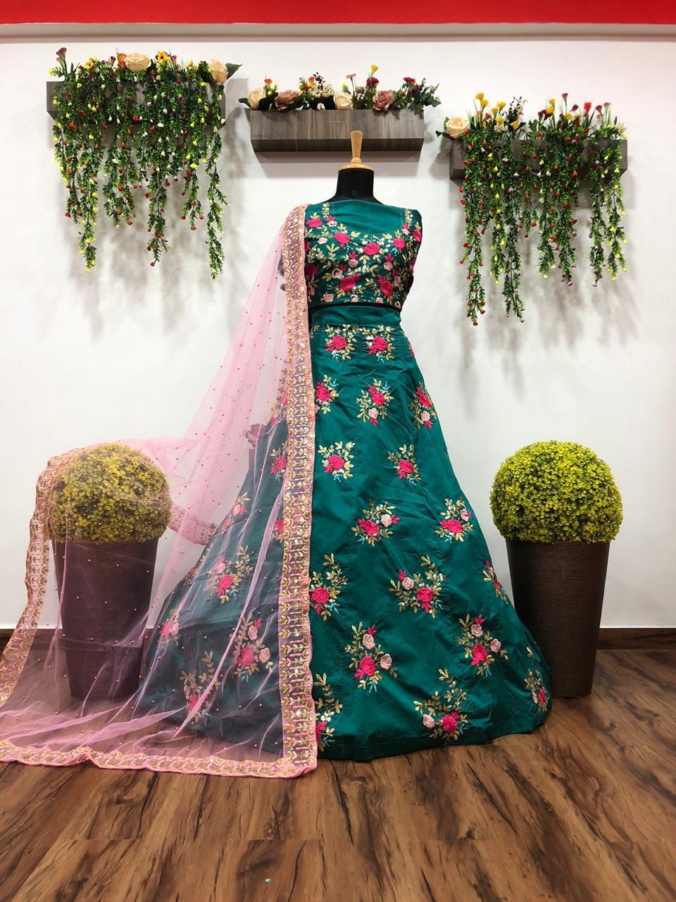 Eye-catching Rama Green Color Function Wear Sequence Work Tapeta Lehenga Choli