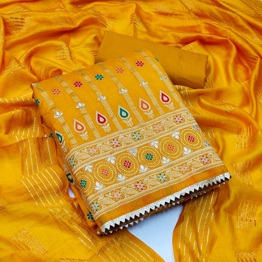 Amazing Yellow Color Art Silk Embroidered Work Casual Wear Salwar Suit