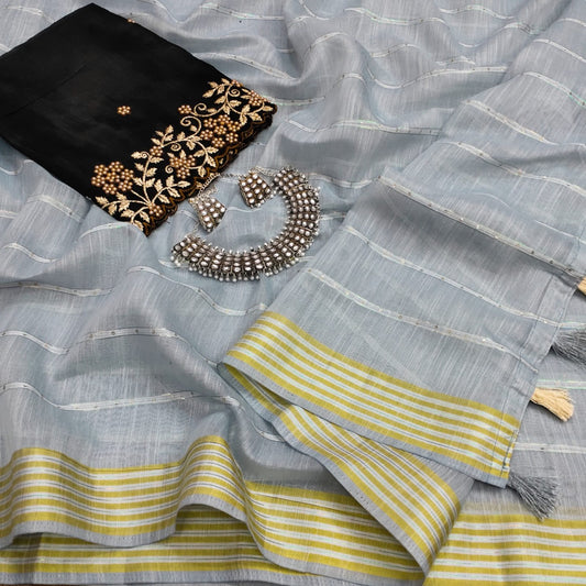 Admiring Grey Color Cotton Weaving Work Design Wedding Wear Saree Blouse