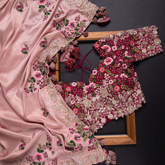 Shattering Pink Color Art Silk Sequence Thread Work Festive Wear Saree Blouse