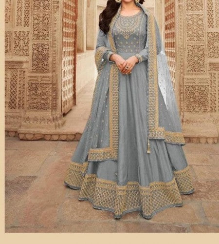 Shattering Grey Color Silk Embroidered Work Festival Wear Salwar Suit