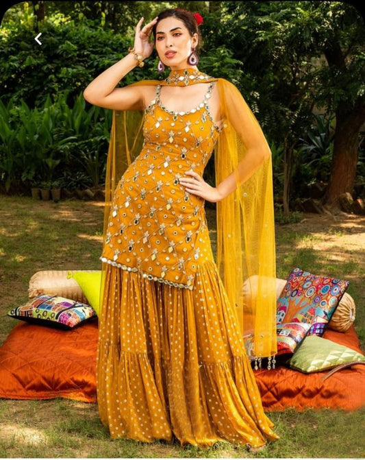 Party Wear Mustard Color Georgette Zari Mirror Work Salwar Suit For Women