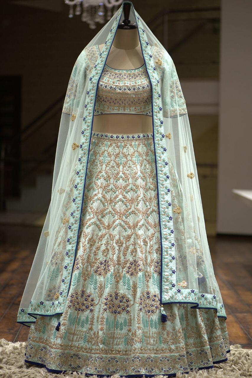 Outstanding Blue Color Malay Satin Silk Design Multi Sequence Thread Embroidered Work Lehenga Choli