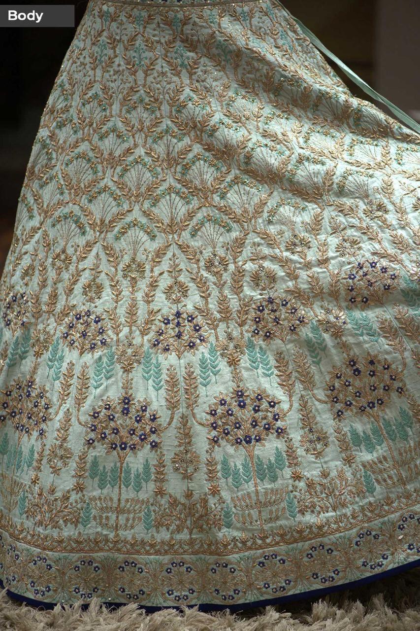 Outstanding Blue Color Malay Satin Silk Design Multi Sequence Thread Embroidered Work Lehenga Choli