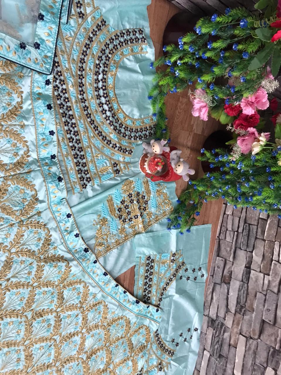 Outstanding Blue Color Malay Satin Silk Design Multi Sequence Thread Embroidered Work Lehenga Choli