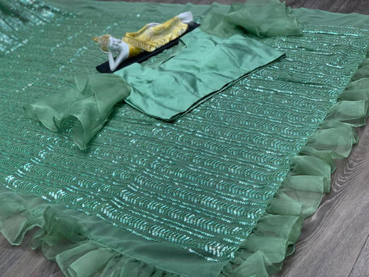 Fantastic Sea Green Color Ruffle Organza Georgette Sequence Designer Embroidered Work Party Wear Saree Blouse