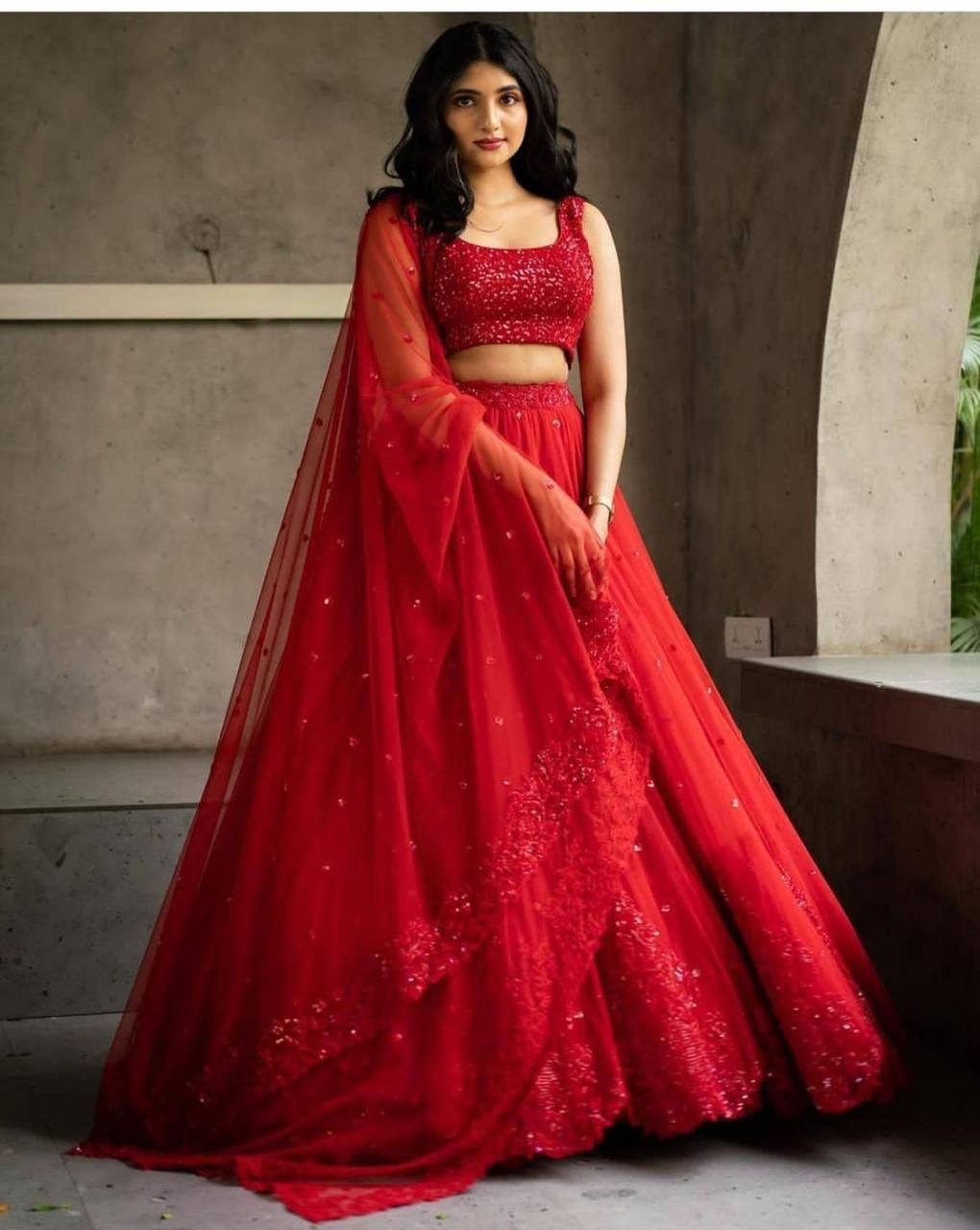 Staggering Red Color Georgette Chine Work Lehenga Choli For Festival Wear