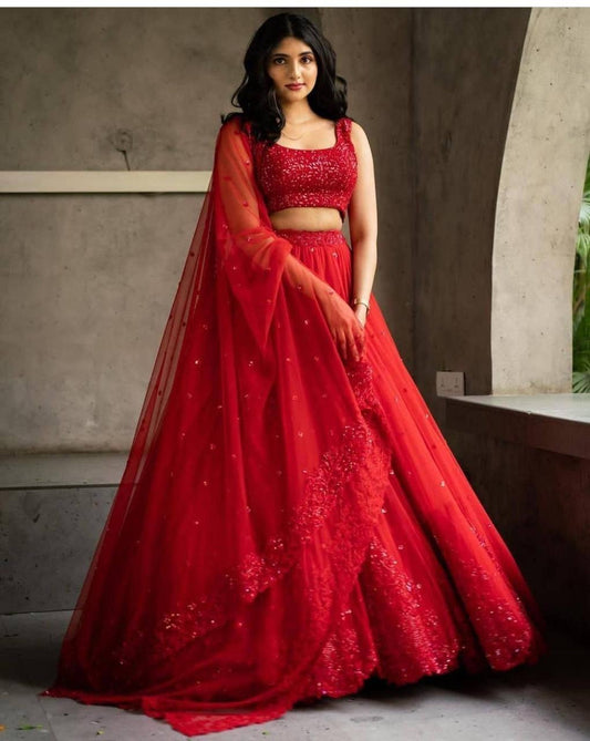 Staggering Red Color Georgette Chine Work Lehenga Choli For Festival Wear