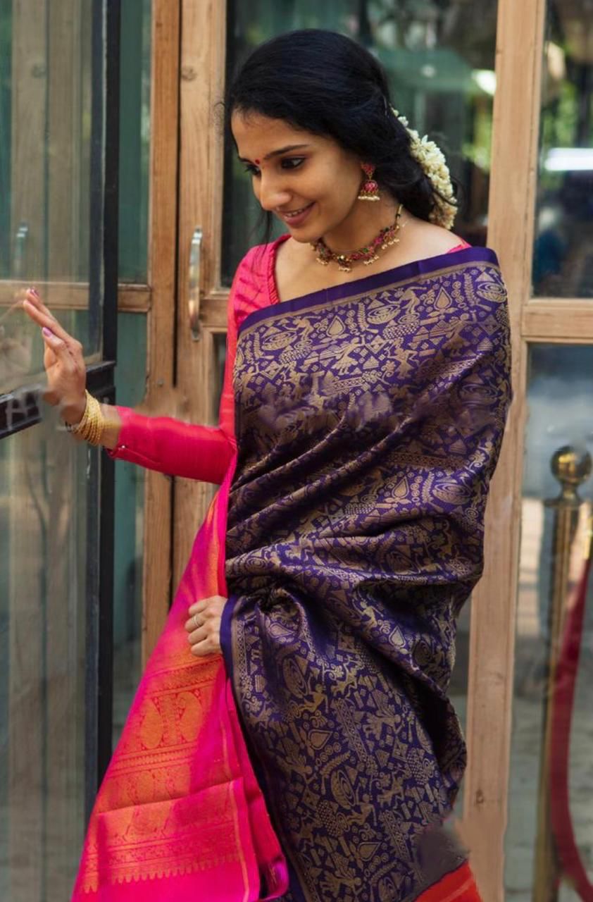 Surpassing Violet Color Art Silk Jacquard Weaving Work Festive Wear Saree Blouse