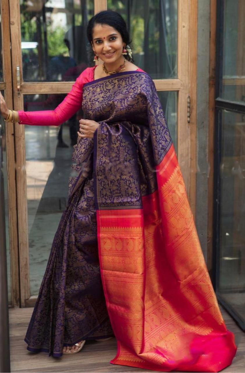 Surpassing Violet Color Art Silk Jacquard Weaving Work Festive Wear Saree Blouse
