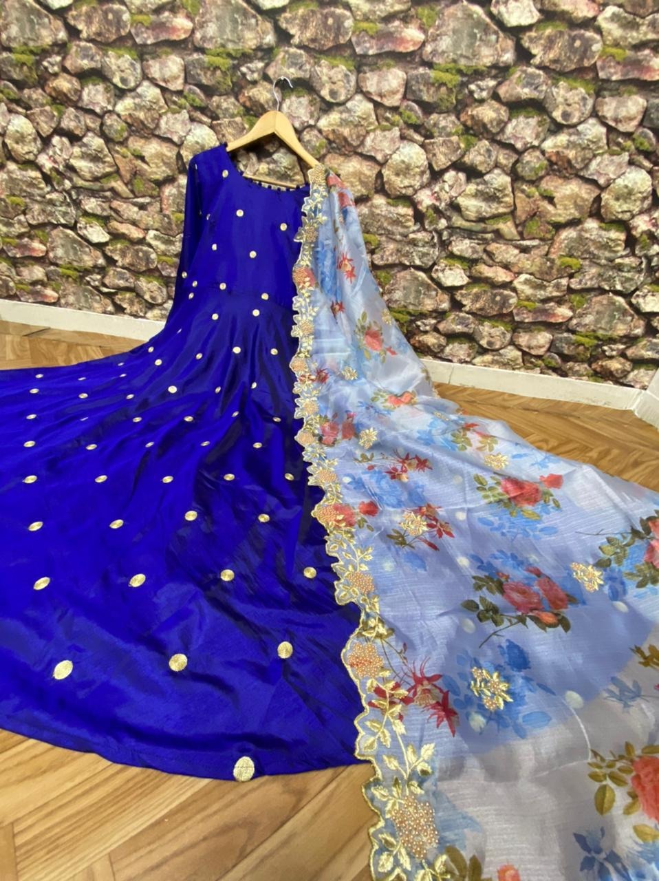 Knockout Royal Blue Color Ready Made Designer Wedding Wear Sana Silk Zari Embroidered Work Gown Dupatta