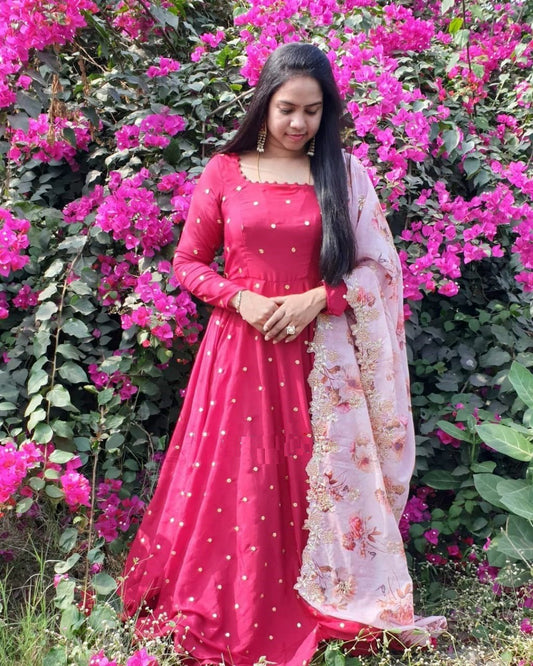 Function Wear Trendy Rani Pink Color Full Stitched Embroidered Zari Work Sana Silk Gown Dupatta