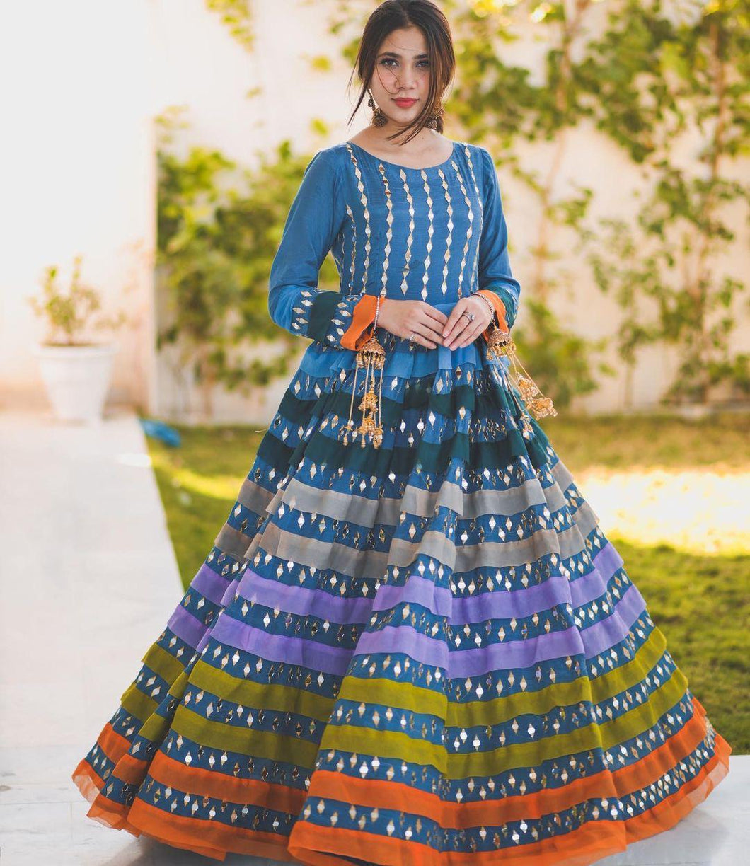 Appealing Sky Blue Color Taffeta Silk Embroidered Work Ready Made Designer Gown