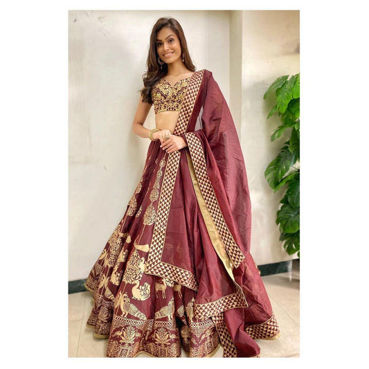 Festive Wear Maroon Color Sophisticated Taffeta Silk Designer Digital Printed Fancy Lehenga Choli