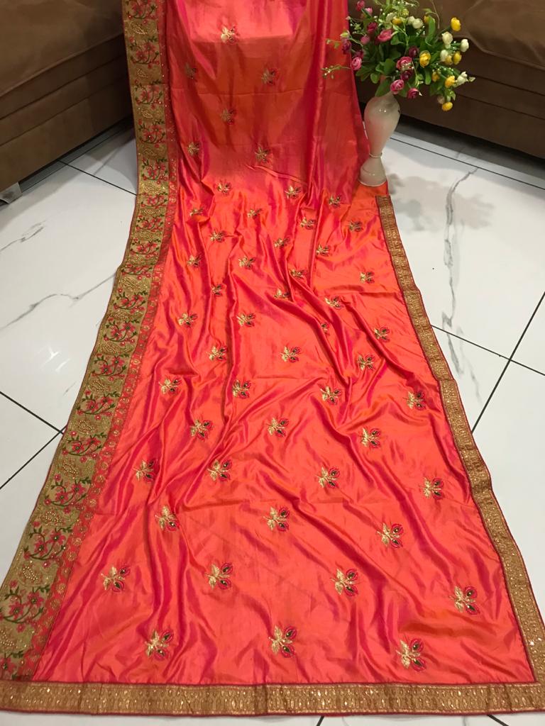 Phenomenal Pink Color Beautiful Sana Two Tone Silk Embroidered Diamond Work Lace Saree Blouse For Women