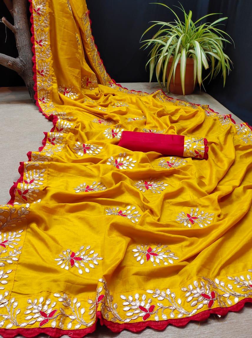 Desirable Mustard Color Gotta Patti Work Dola Silk Design Saree Blouse