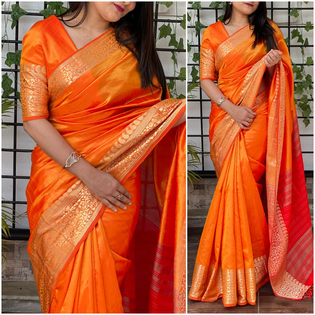Pretty Orange Color Jacquard Work Sana Silk Saree Blouse For Women