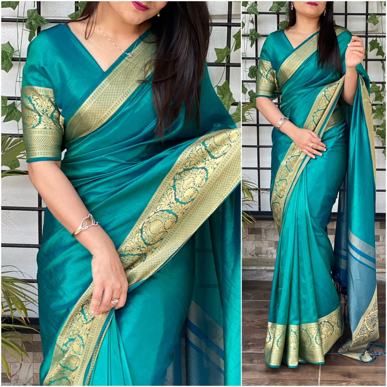 Firozi Color Running Wear Sana Silk Jacquard Work Saree Blouse