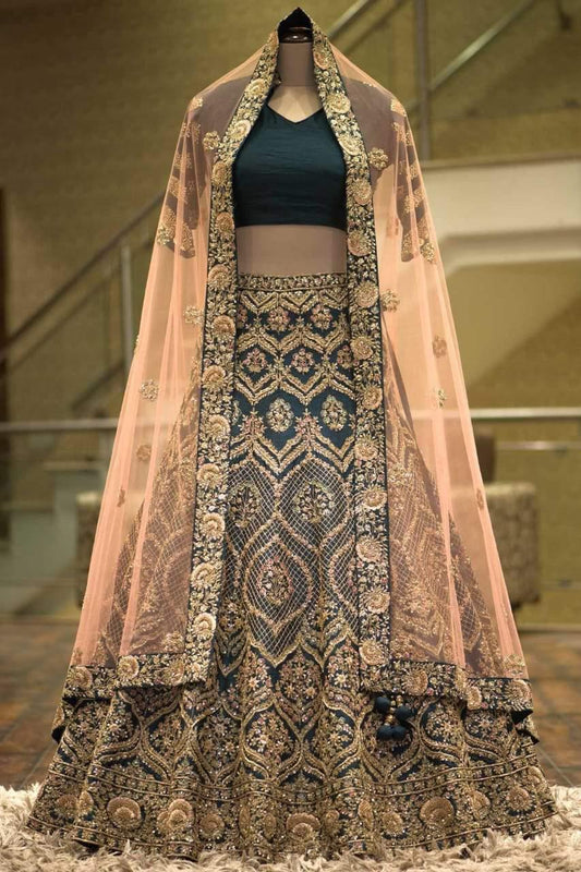 Gorgeous Teal Color Coding Sequence Embroidered Work Design Silk Lehenga Choli