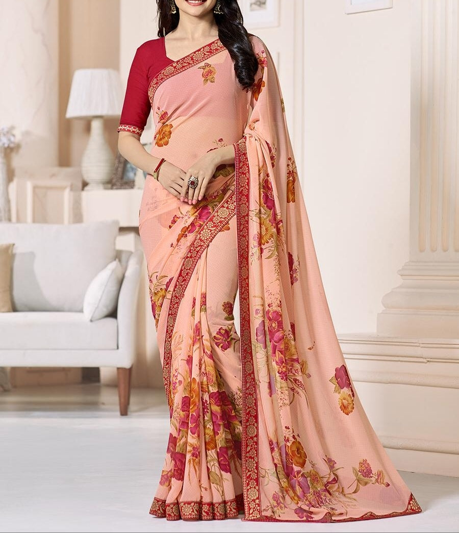 Intricate Peach Color Function Wear Georgette Printed Design Saree Blouse