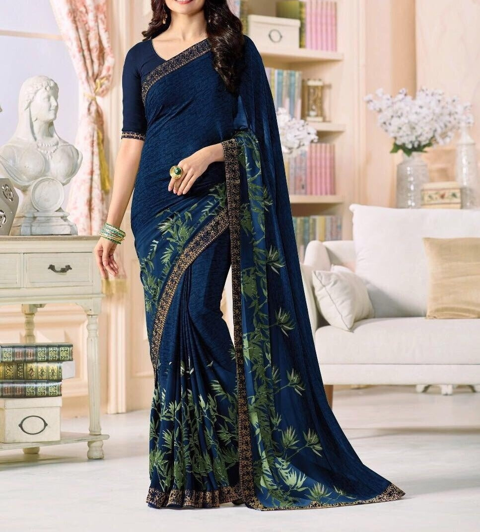 Mind-blowing Dark Blue Color Regular Wear Printed Georgette Saree Blouse