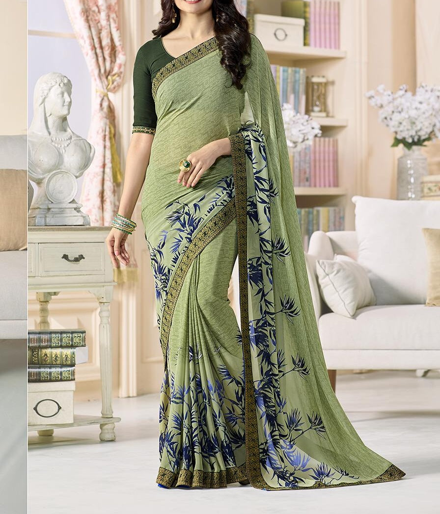 Running Wear Green Color Printed Design Georgette Saree Blouse