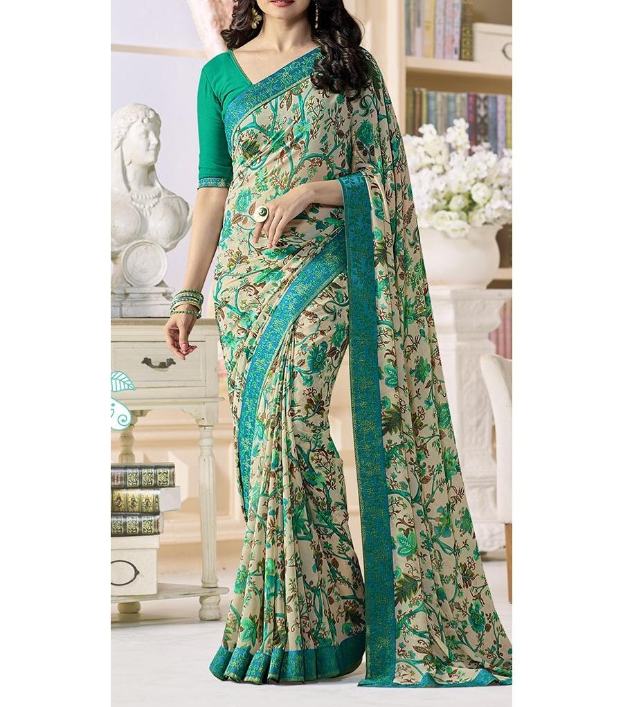 Trendy Rama Color Printed Fancy Georgette Saree Blouse For Ladies
