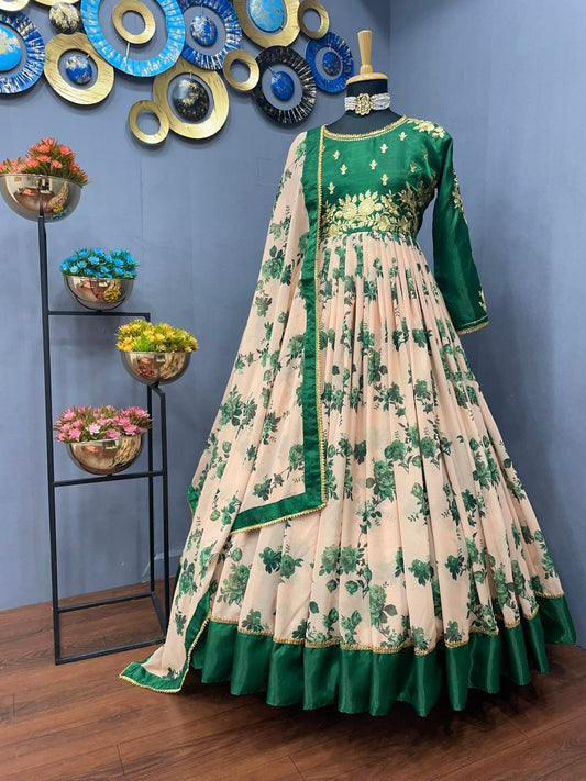 Stupendous Sea Green Color Festive Wear Satin Georgette Embroidered Work Gown Dupatta