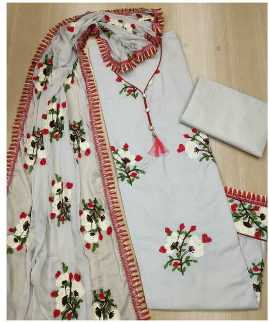 Attractive Grey Color Cotton Designer Embroidered Work Salwar Suit For Women
