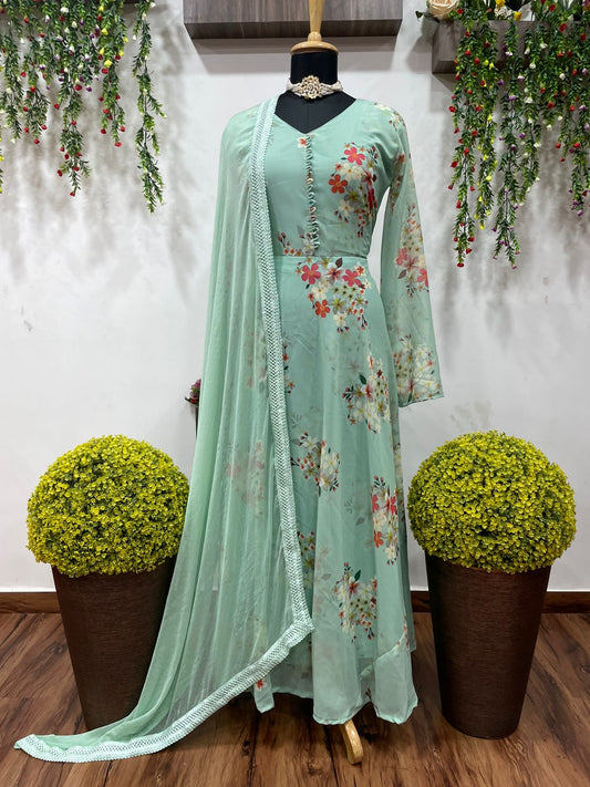 Surpassing Sea Green Color Printed Design Georgette Party Wear Dupatta Gown