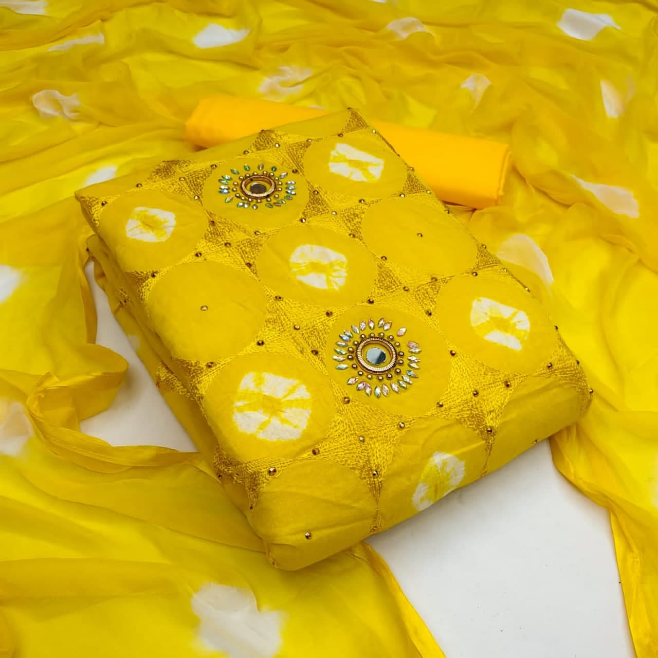 Hypnotic Yellow Color Cotton Mirror Hand Work Casual Wear Salwar Suit