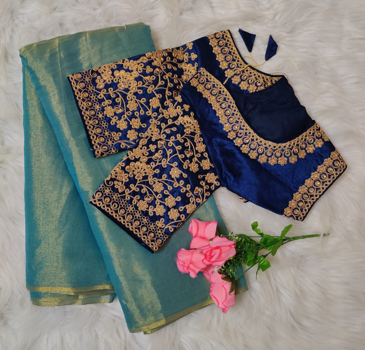 Flamboyant Blue Color Tissue Silk Designer Saree Blouse