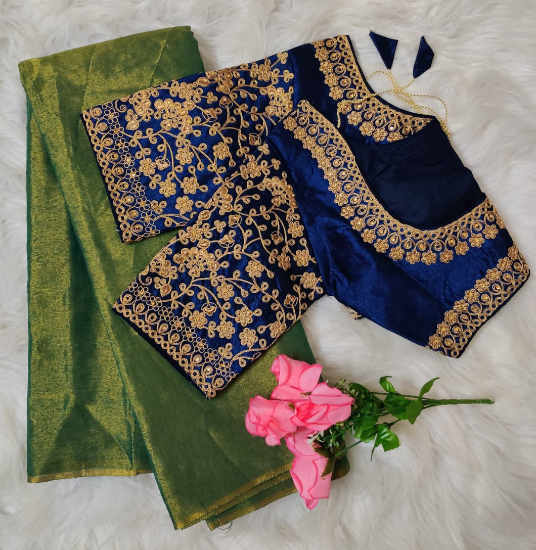 Striking Green Color Silk Tissue Design Saree Blouse For Ladies