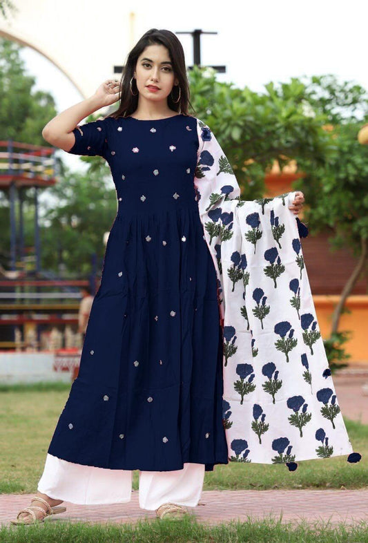 Festive Wear Cotton Rayon Design Mirror Embroidered Work Salwar Suit For Women