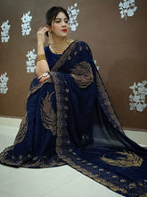 Load image into Gallery viewer, Wedding Wear Navy Blue Chiffon Silk Saree Blouse For Women
