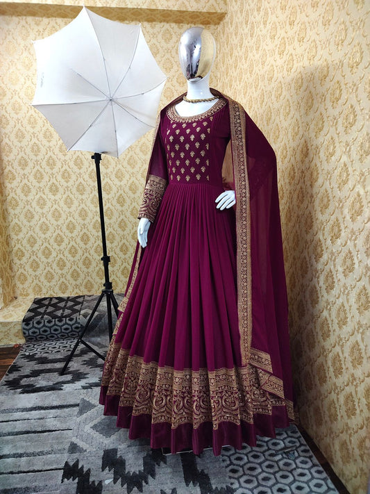 Flattering Wine Color Georgette Embroidered Work Salwar Suit For Women