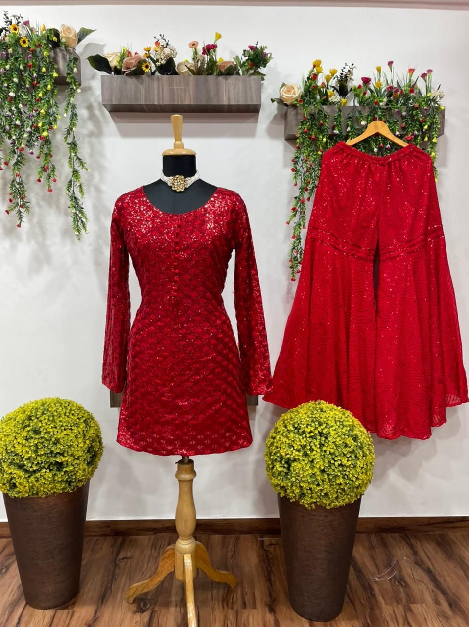Ravishing Red Color Wedding Wear Georgette Sequence Work Sharara Kurti