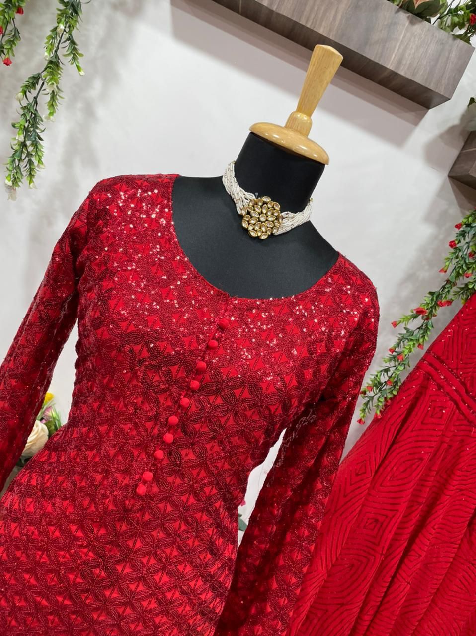 Ravishing Red Color Wedding Wear Georgette Sequence Work Sharara Kurti