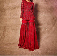 Load image into Gallery viewer, Ravishing Red Color Wedding Wear Georgette Sequence Work Sharara Kurti
