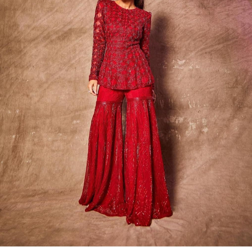 Ravishing Red Color Wedding Wear Georgette Sequence Work Sharara Kurti