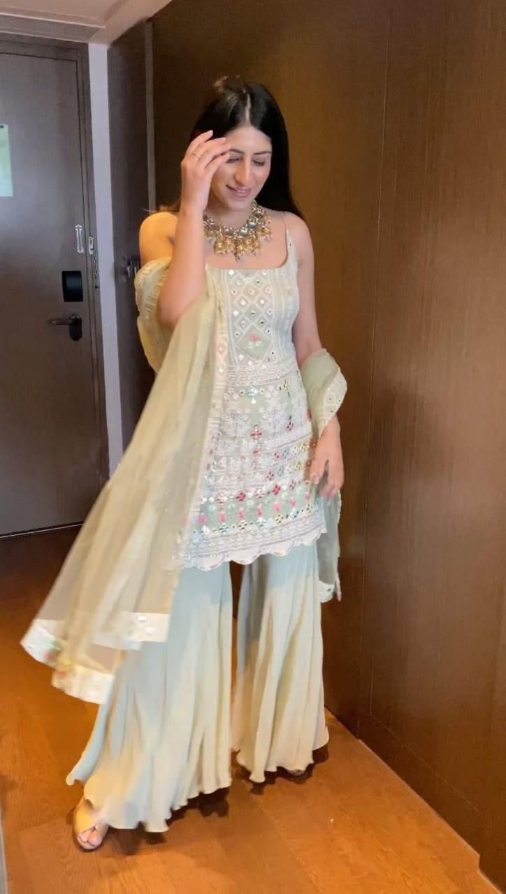 Stupendous Off White Color Georgette Thread Work Sharara Suit